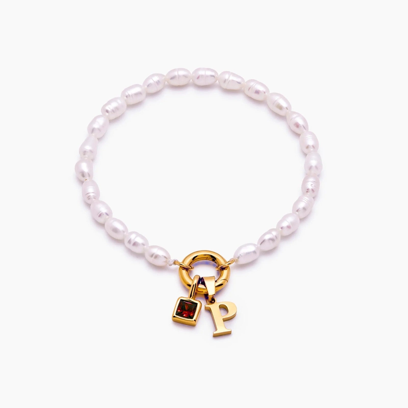 pearl-initial-birthstone-bracelet — Gold / Jul-Ruby