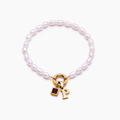 pearl-initial-birthstone-bracelet — Gold / Jul-Ruby