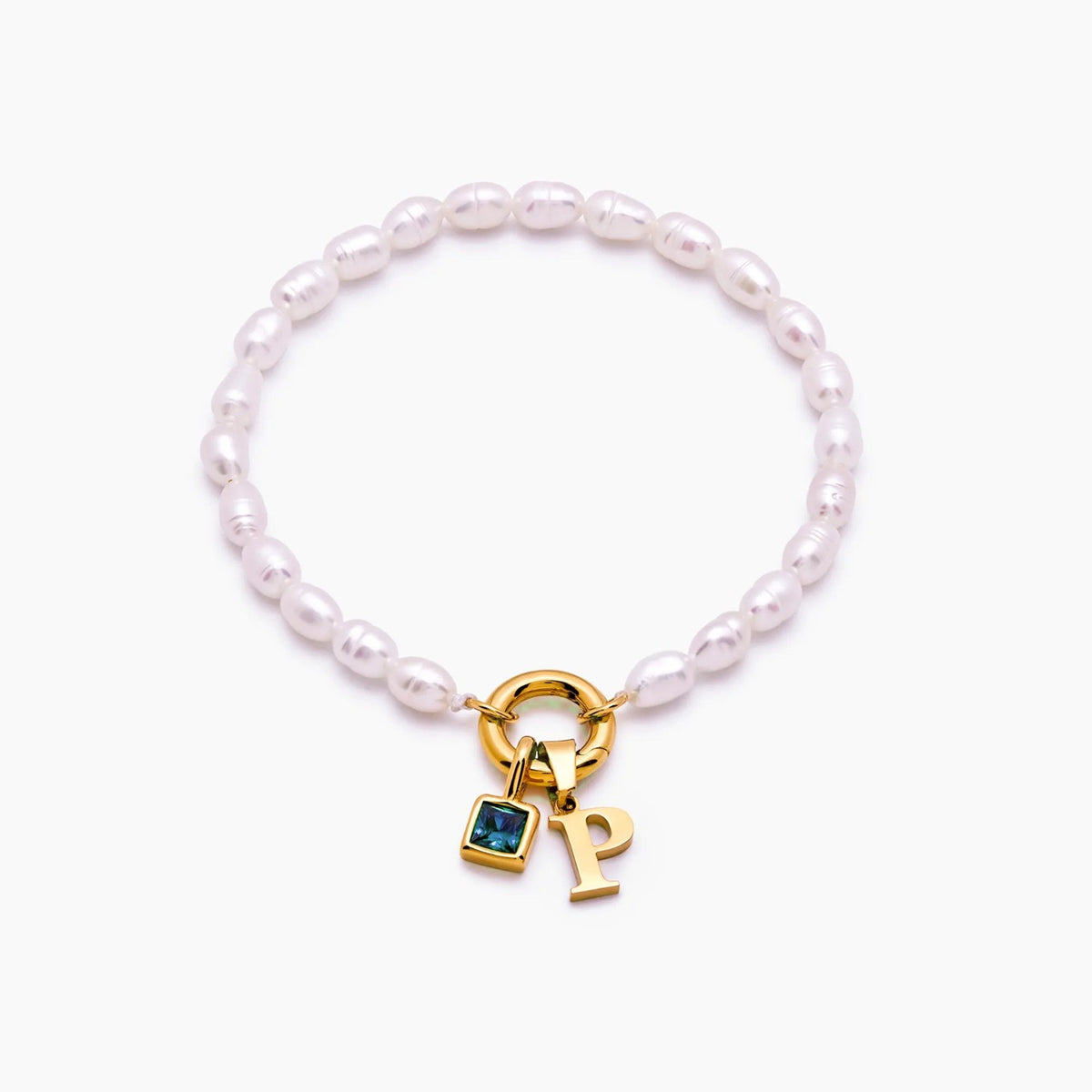pearl-initial-birthstone-bracelet — Gold / Mar-Aquamarine