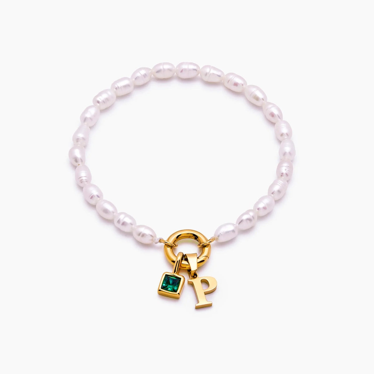 pearl-initial-birthstone-bracelet — Gold / May-Emerald