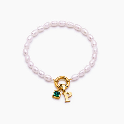pearl-initial-birthstone-bracelet — Gold / May-Emerald