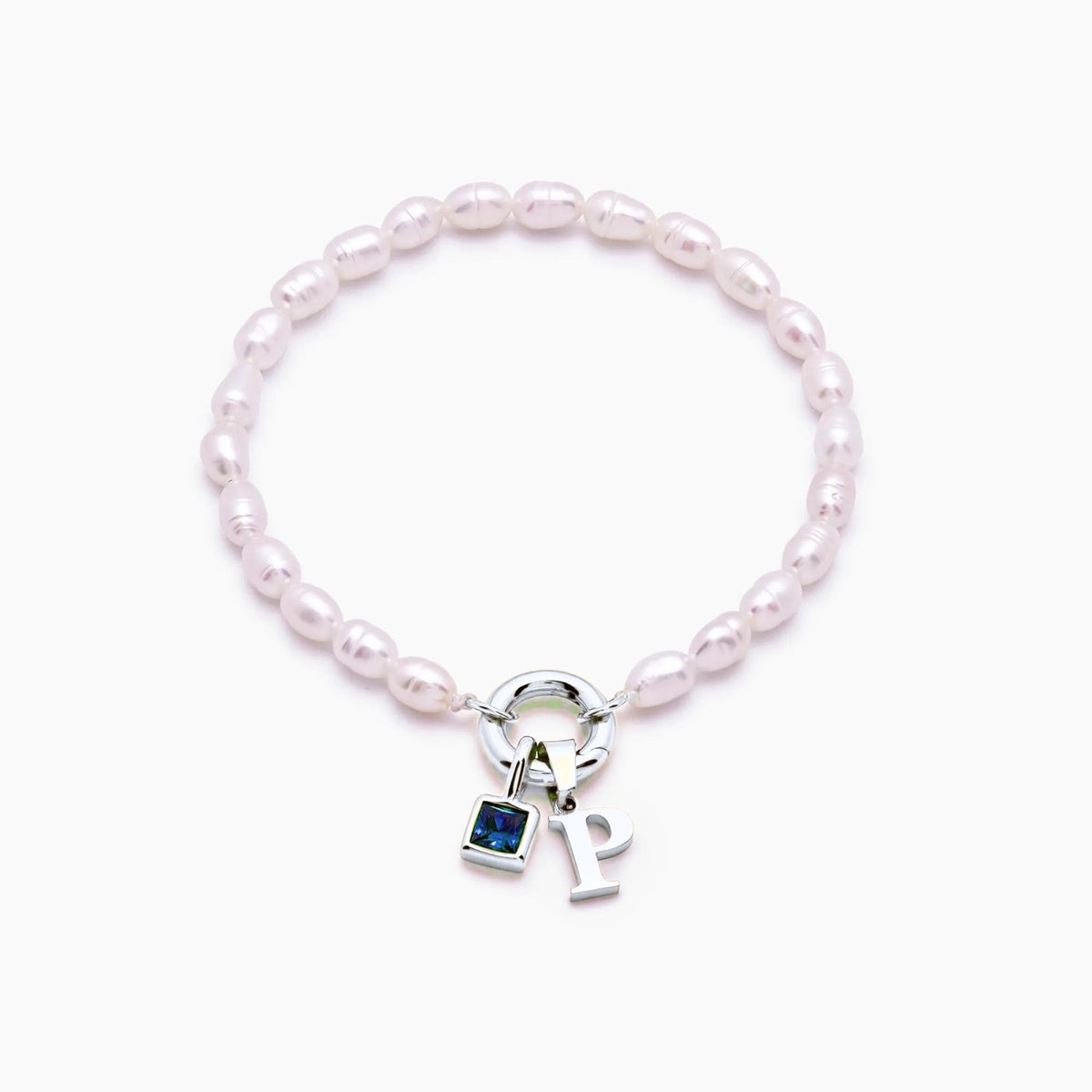 pearl-initial-birthstone-bracelet — Silver / Dec-Blue Topaz