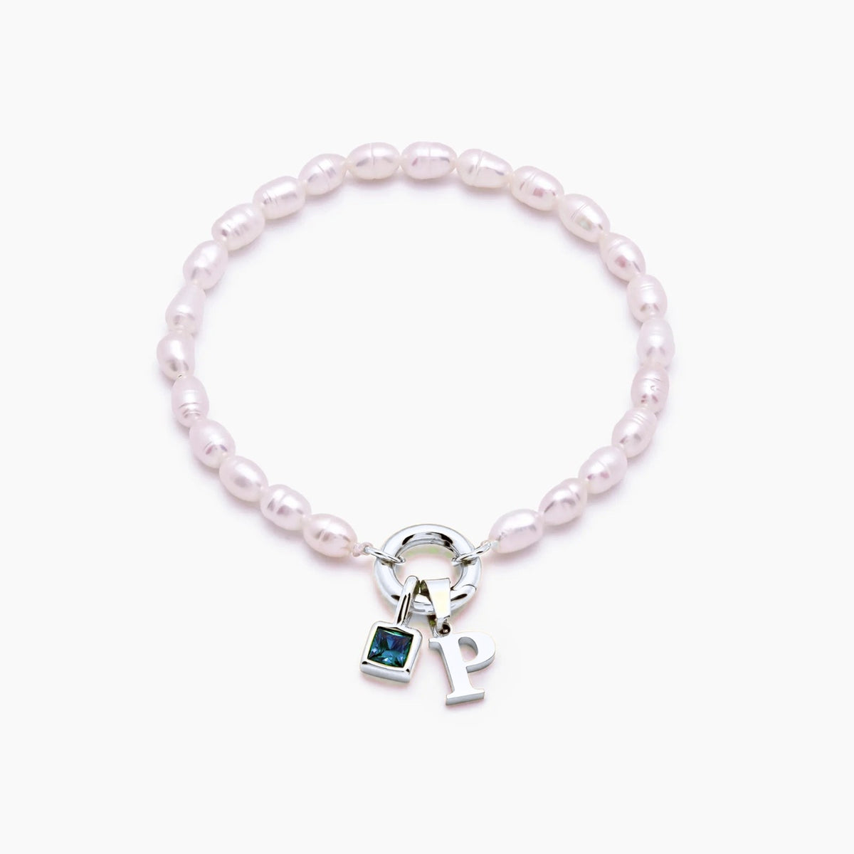 pearl-initial-birthstone-bracelet — Silver / Mar-Aquamarine