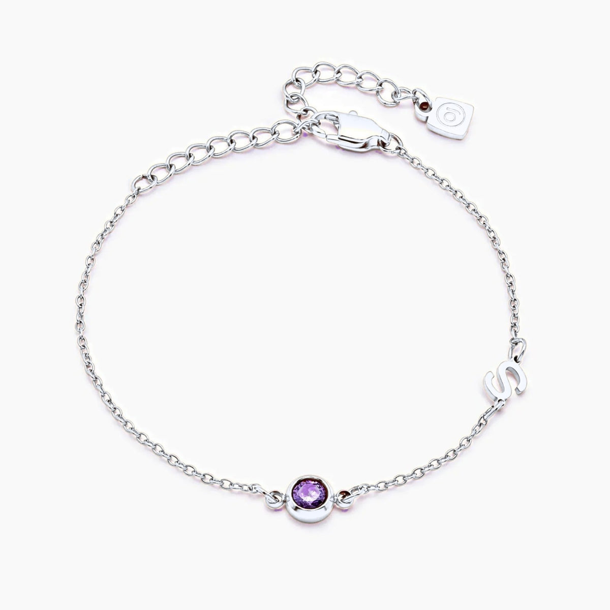side-set-initial-birthstone-bracelet — Silver / Feb-Amethyst