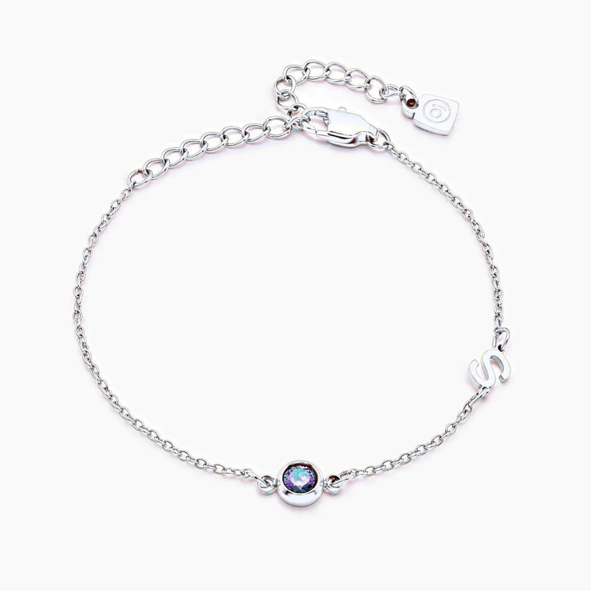side-set-initial-birthstone-bracelet — Silver / Mar-Aquamarine