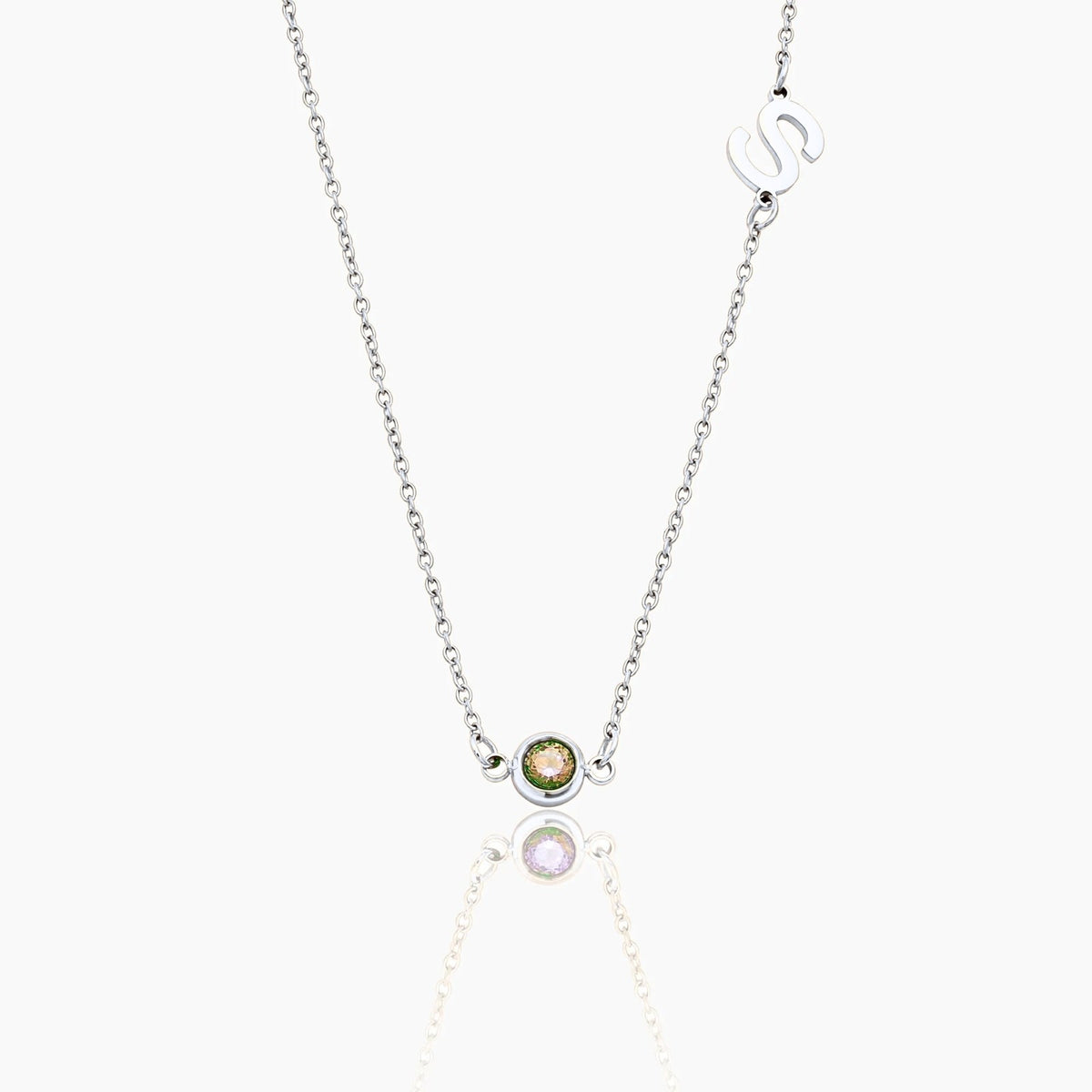side-set-initial-birthstone-necklace — Silver / Aug-Peridot
