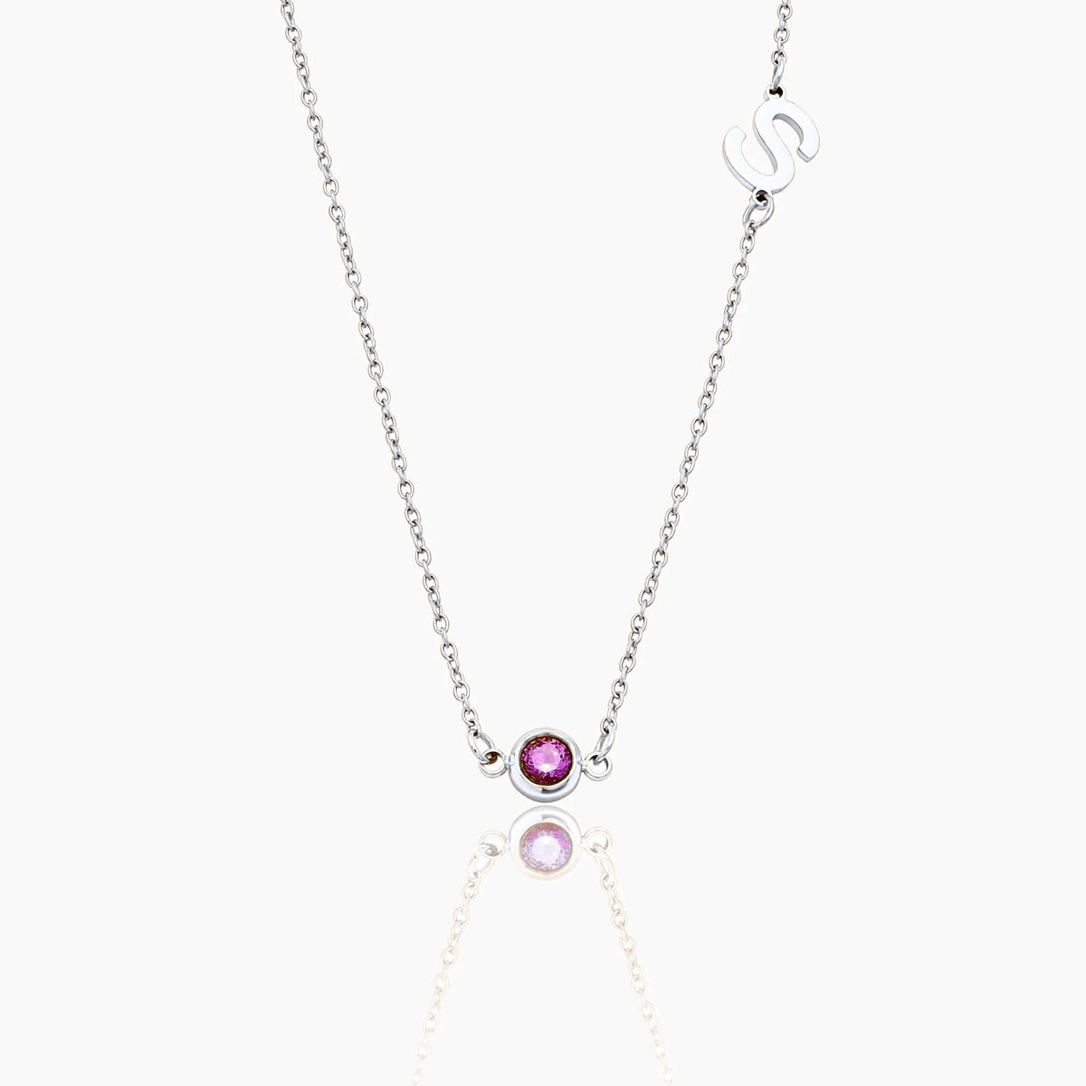 side-set-initial-birthstone-necklace — Silver / July-Ruby