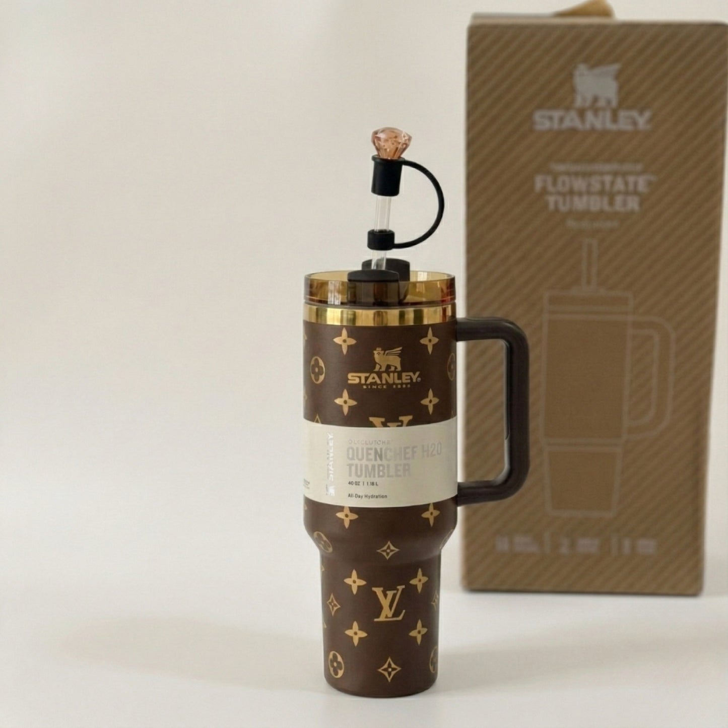 Brown 40oz tumbler with crystal straw topper