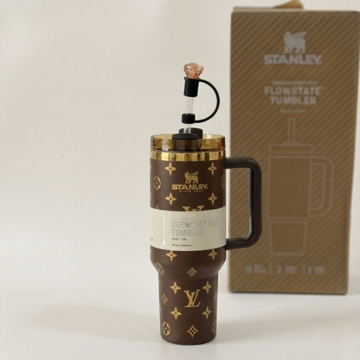 Brown 40oz tumbler with crystal straw topper