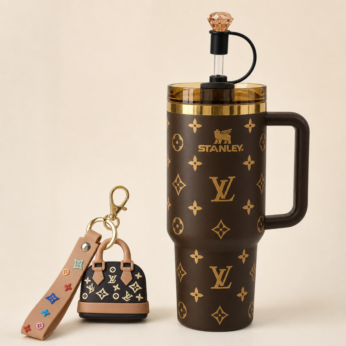 Brown 40oz tumbler and mini bag keychain