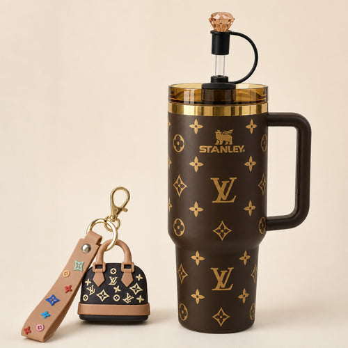 Brown 40oz tumbler and mini bag keychain