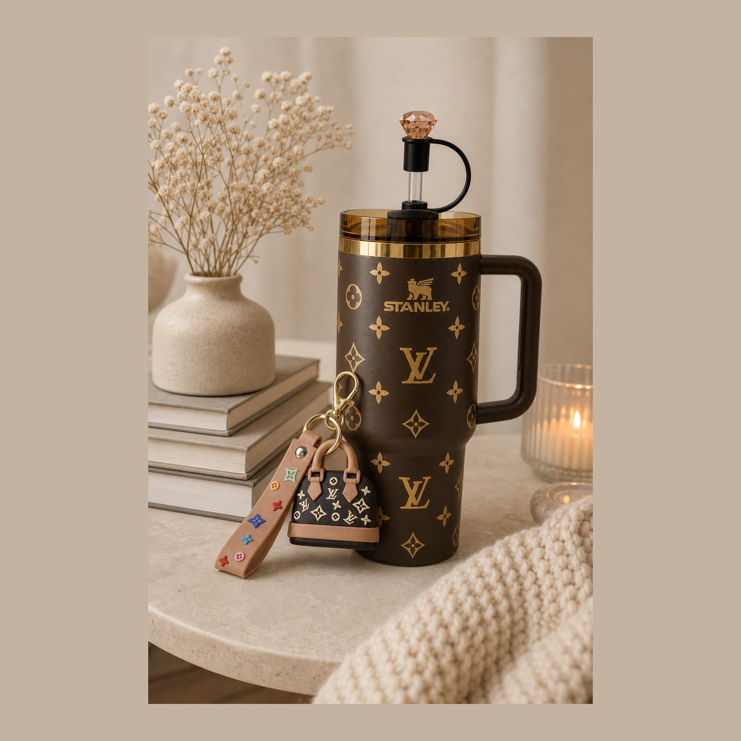 40oz tumbler with crystal topper and mini bag keychain