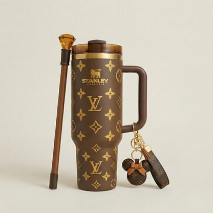 40oz Insulated Stainless Steel Tumbler with Handle & Straw – Brown